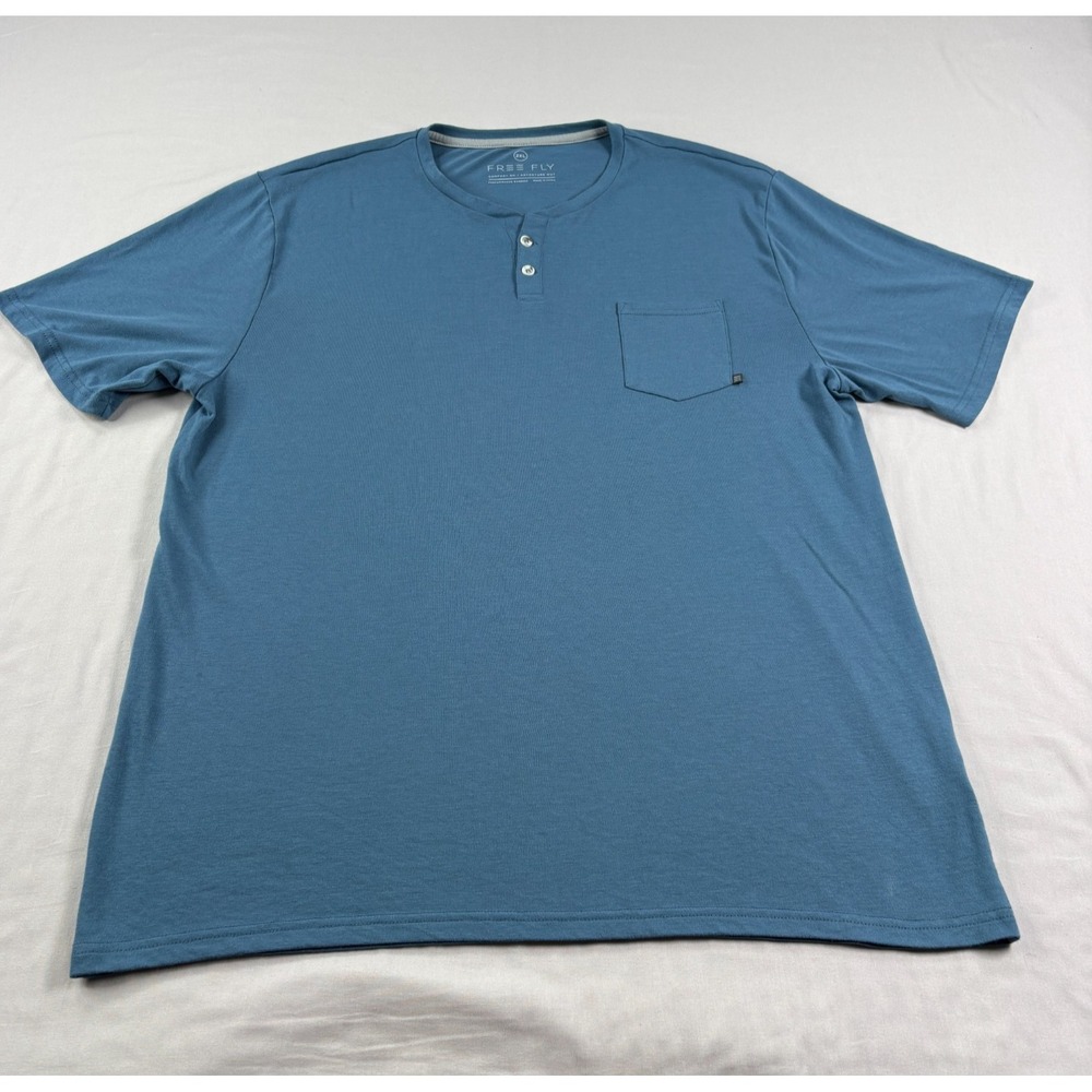 Free Fly Shirt Mens 2XL Blue Henley Performance Bamboo Stretch Short Sleeve